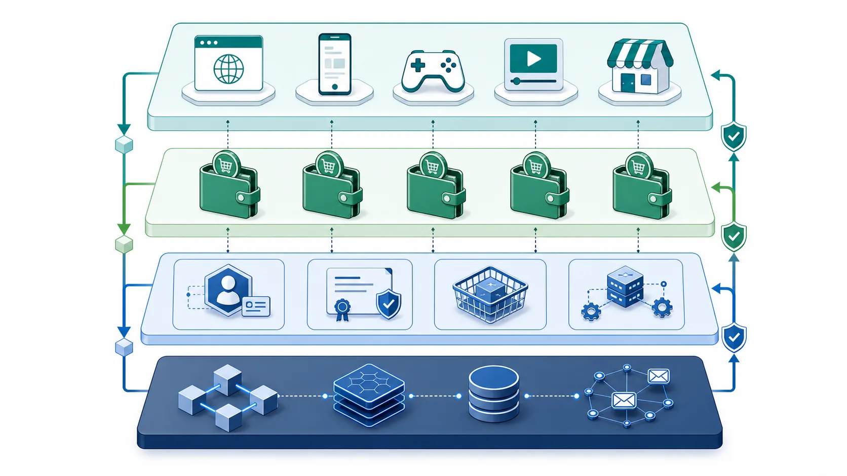 Layered BSV app architecture showing apps, BRC-100 wallets, wallet services, overlays, storage, messaging, and the BSV blockchain